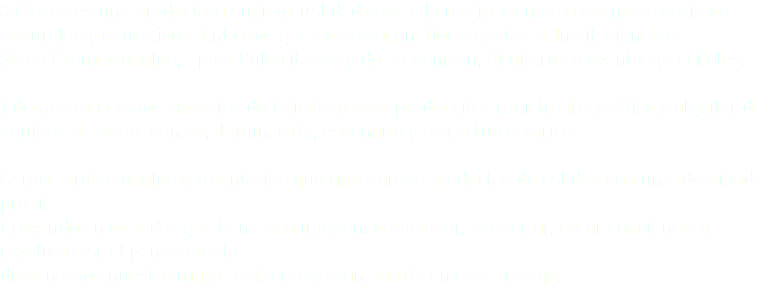 3 Clavos es una productora audiovisual dedicada a la realización de contenidos sociales,
culturales y educativos. Entre los que se destacan: Documentales, Institucionales,
Video Promocionales, Spots Publicitarios y de prevención, Registro de eventos y recitales. Además ofrecemos servicios de Edición y post-producción, registro fotográfico y alquiler de
equipos de video, sonido, iluminación, escenario y estructuras varias. Somos profesionales y voluntarios que generamos productos de calidad con una identidad propia.
Creyendo en el poder que tiene una imagen: emocionar, despertar, crear conciencia y
revolucionar el pensamiento,
disponemos nuestro mayor esfuerzo y gran pasión en cada trabajo.